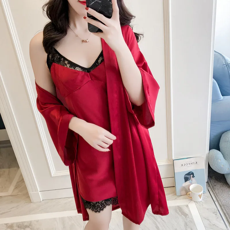 

Women Sleepwear Nightwear 2021 Summer New Sexy Satin Kimono Gown 2PCS Nighty&Robe Suit Silky Lace Bathrobe Intimate Lingerie