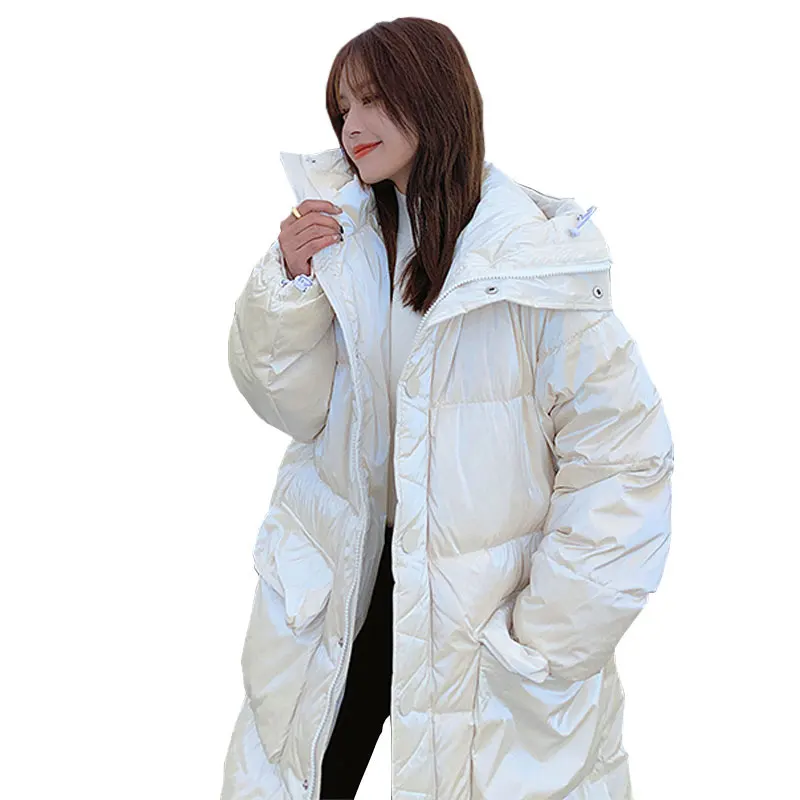 

Новинка 2021, Зимняя женская куртка с капюшоном, модное облегающее длинное глянцевое Женское пальто, Повседневная Корейская женская теплая п...