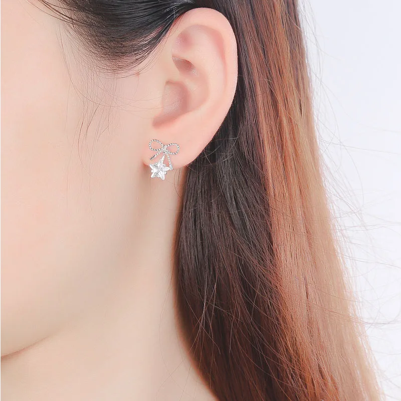 

FUN-BEAUTY Women's S925 Sterling Silver Earrings Bowknot Jewelry Super Flash Zircon Pentagram Star Stud Earrings