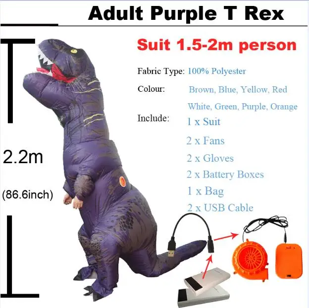 Adult Purple T rex Мир Юрского периода взрослый Велоцираптор Костюм надувной T REX Raptor костюм Косплей динозавр вечеринка Хэллоуин костюм для женщин и мужчин - Цвет: Adult Purple T rex