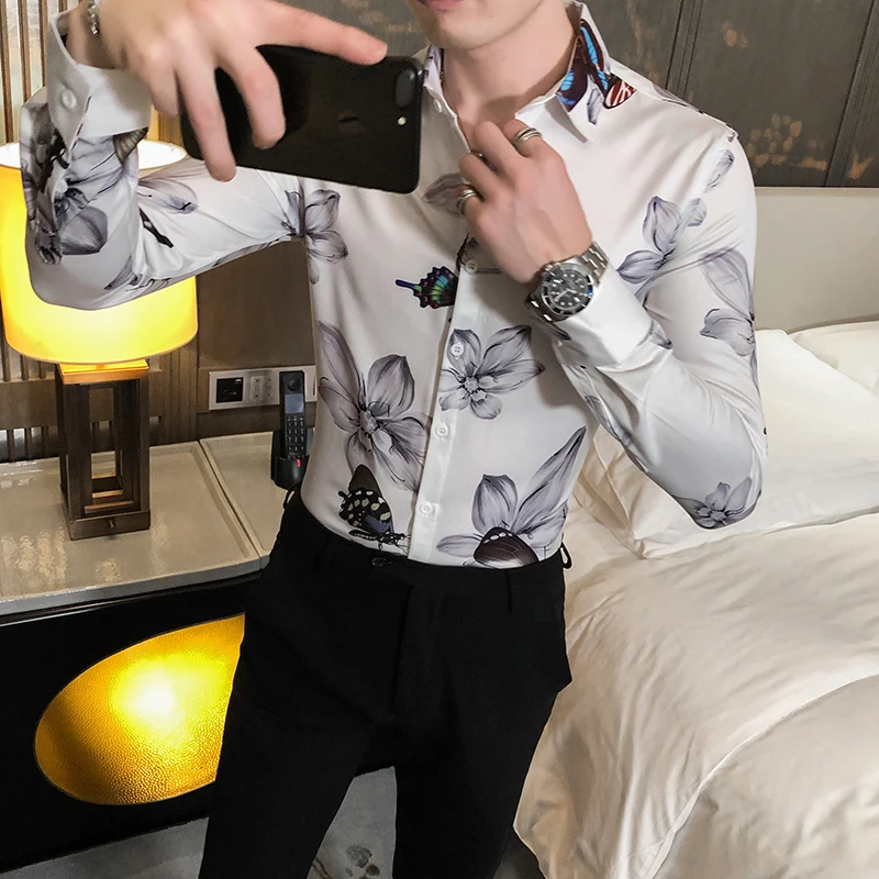 Британский Стиль Осень новая цифровая печать тонкая посадка с длинным рукавом