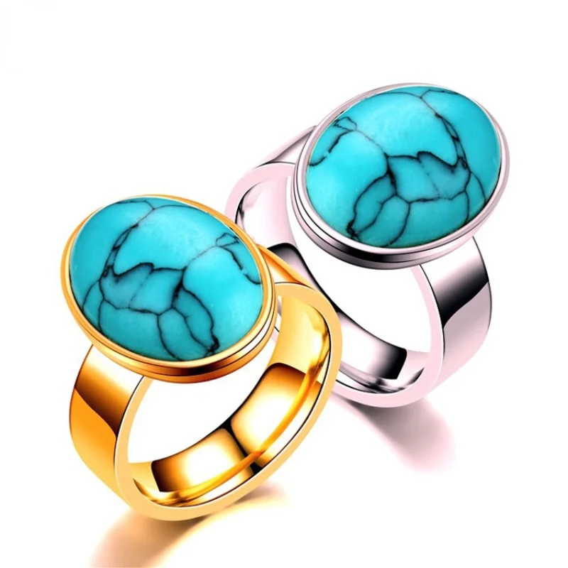 

Vintage Jewelry Turquoise Stone Stainless Steel Ring For Men Women Couple Lover's Geometry Ring Party Jewellry Accessory Gifts