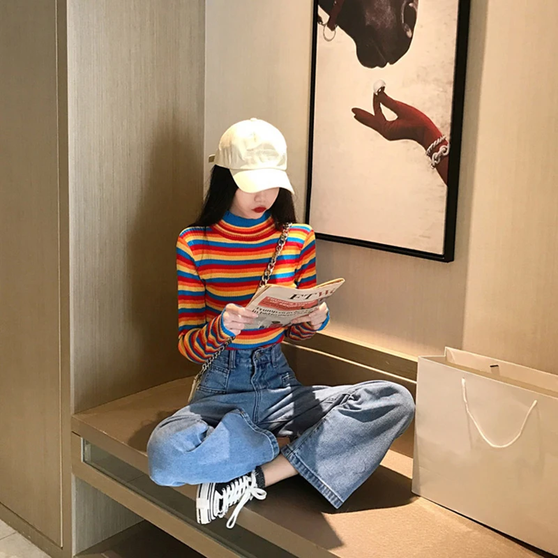 Winter Rainbow Knitted Women Sweaters And Long Sleeve Casual O-Neck Pullovers Sueter Mujer Tops Striped Turtleneck Jumper | Женская