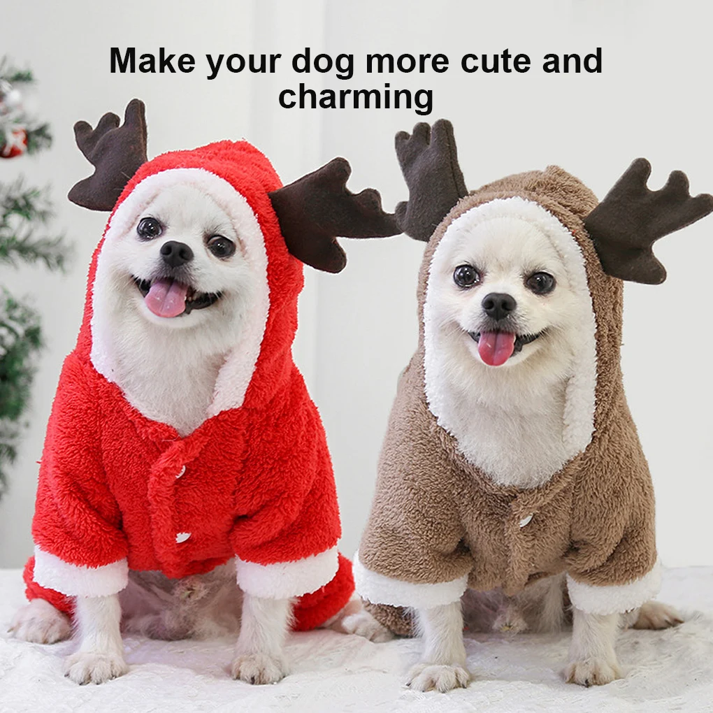 

2 Pcs Christmas Party Pet Cats Dogs Clothing Winter Warm Hooded Coral Velvet Casual Thickened Costumes With Hat Small Medium
