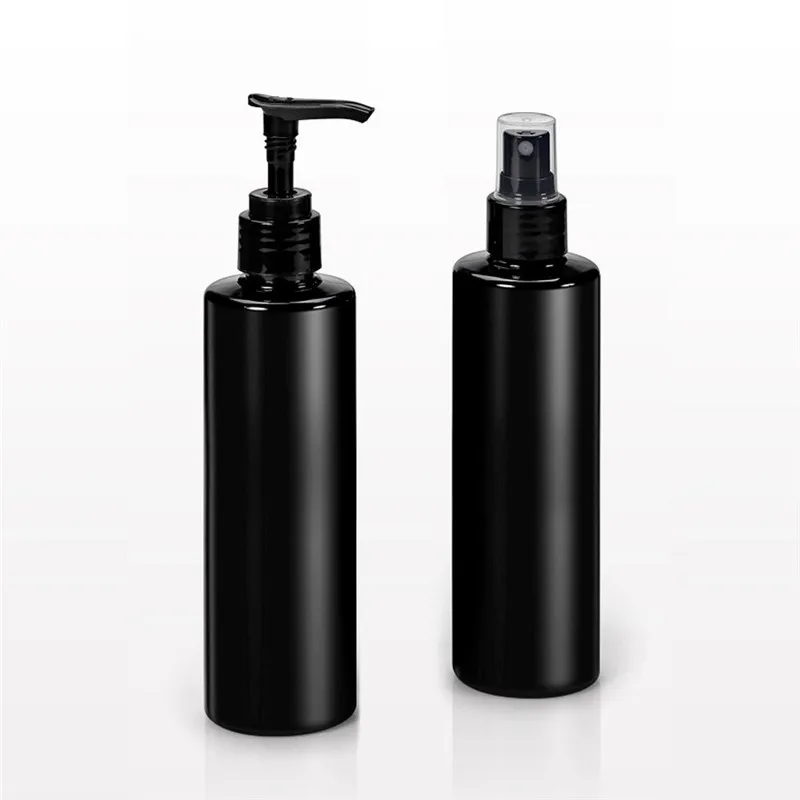 

6 ps/lot 8.33 oz 250ml Cylinder Bottles, Black with Sprayer or Lotion Pump PET Bottle for Shampoo with Dispenser Sprayer Bottle