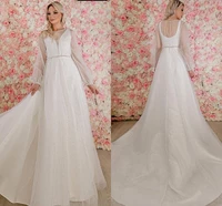 wedding dress 2020 long sleeve puff a line pearls deep v neck floor length elegant sweep train bridal gowns belt women white