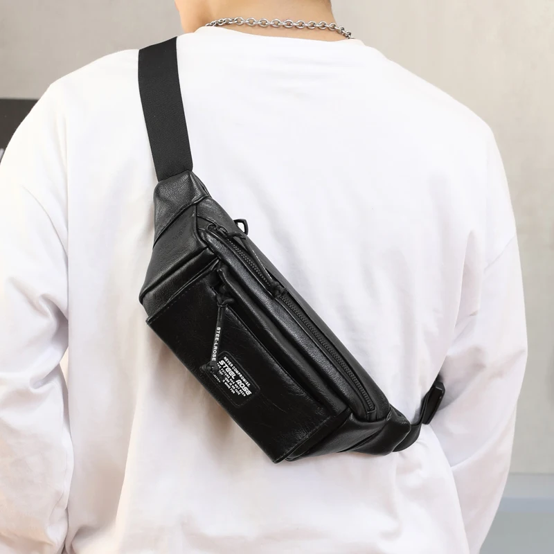 

Fashion PU Leather Solid Zipper Men's Chest Shoulder Messenger Crossbody Bags Bolso Hombre Designer Sacoche Homme Fanny Pack