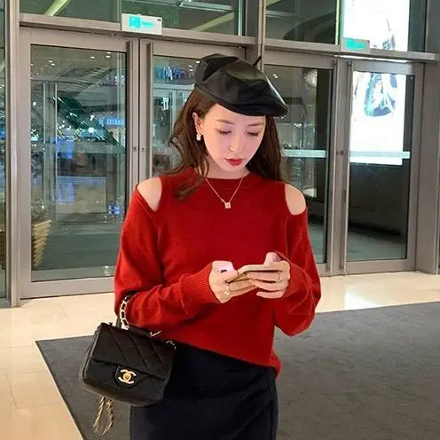 

Chiffon wool blended sweater women's early autumn 2020 careful machine design white off shoulder sweater