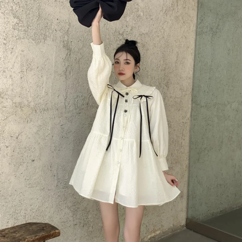 

Women Cute Dress Spring Summer Long Sleeve Female Dresses With Button Bow Short Streetwear Korean Style Dress C647