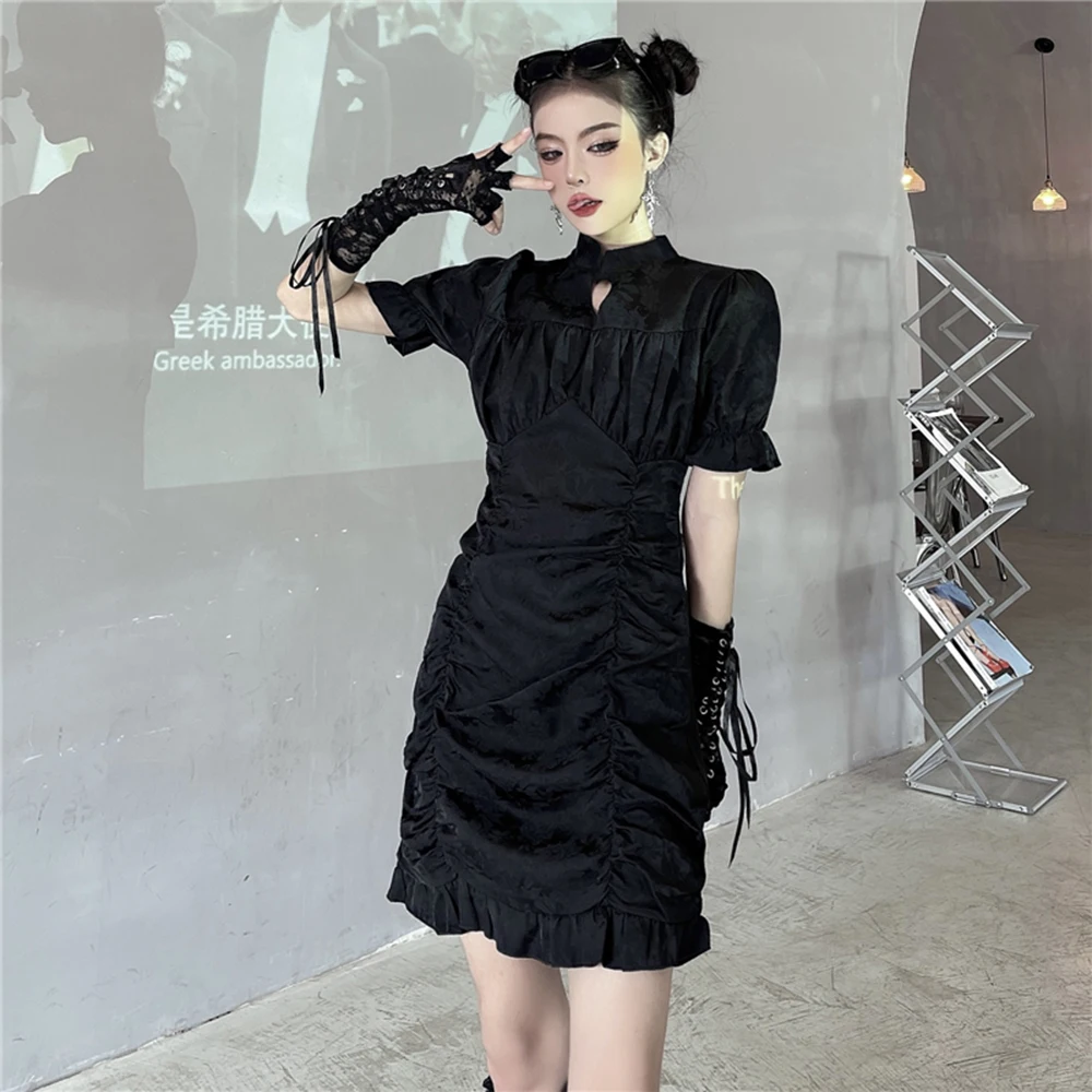 

2021 Summer New Solid Color High Street Fashion Design Stand-up Collar Puff Sleeve High Waist Women's Casual Dress
