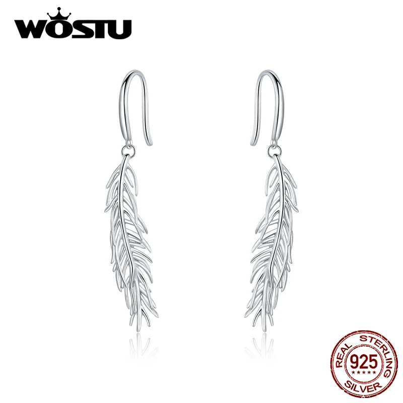 WOSTU S925 перо висячие серьги 925 пробы серебряные подвески для женщин OL Стиль модное