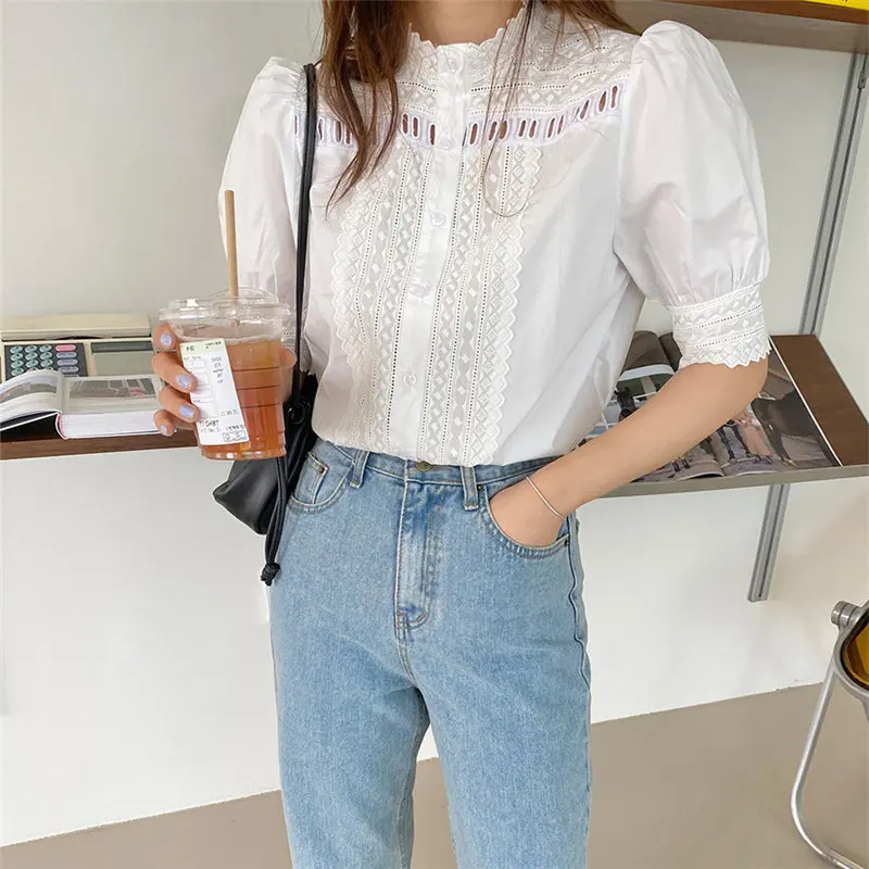 Винтажная рубашка с коротким рукавом и вышивкой белая стоячая 2020 популярные