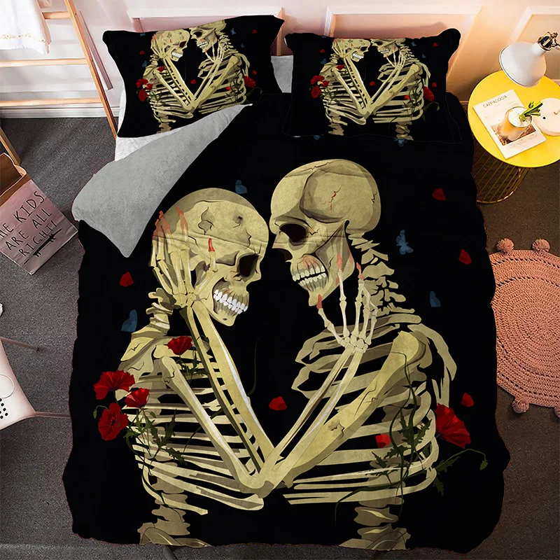 

Lovers Skeleton Rose King Bedding Set Sweetheart Duvet Cover Home Textile Bedspread 2/3pcs 14 Different Size Bed Sets
