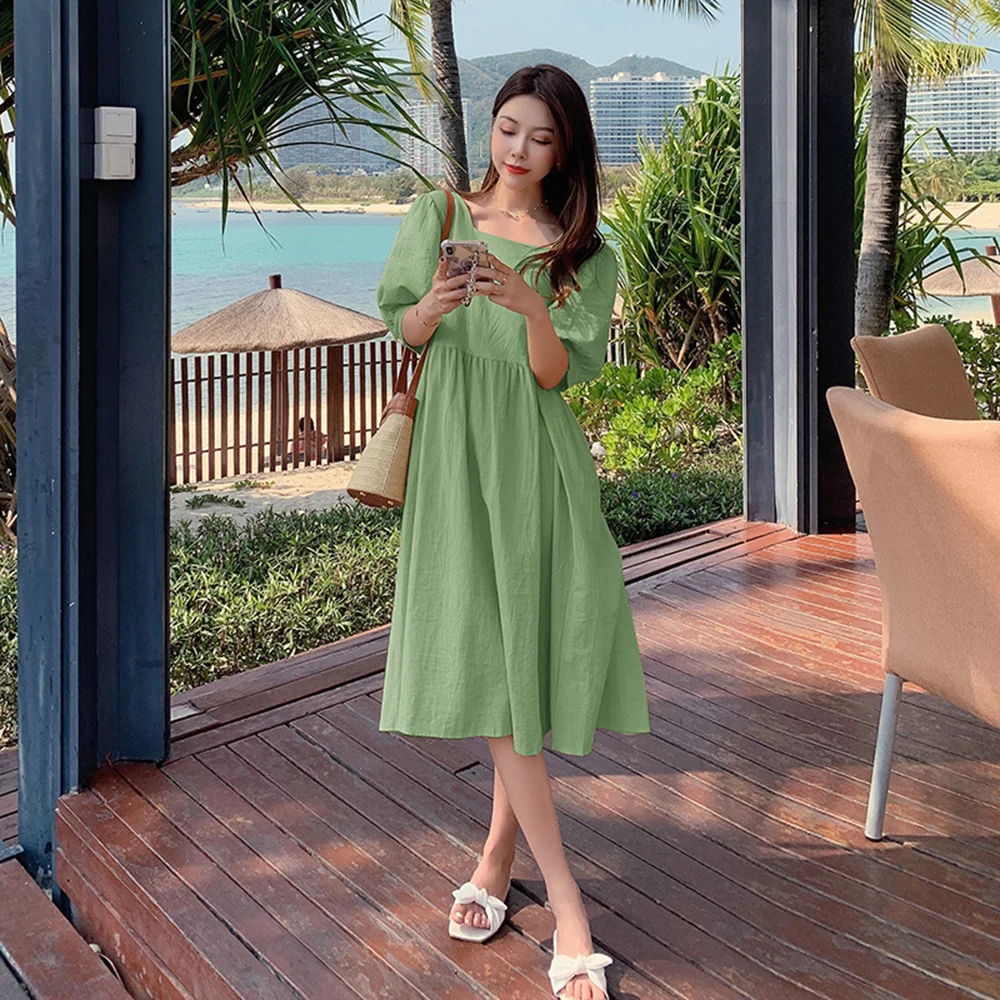 

2021 Summer Women's Fashion Puff Sleeve Cotton Linen Midi Casual Dresses Loose Dress Ladies Elegant Beach Robe Vintage