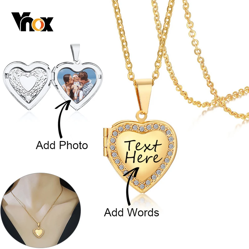 Vnox Personalize Engrave Name Heart Locket Necklaces for Women Custom Family Love Photos Images Anniversary Keepsake Gifts