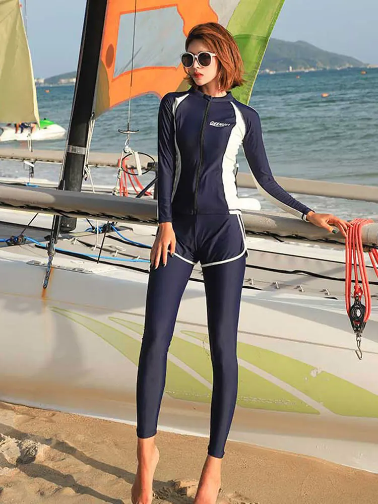 

Women 5pcs Rashguard Long Sleeve Zipper Bathing Suit Swimsuit Bikini set Full Body Surf Snorkel Dive Fitness Yoga Run Tracksuit