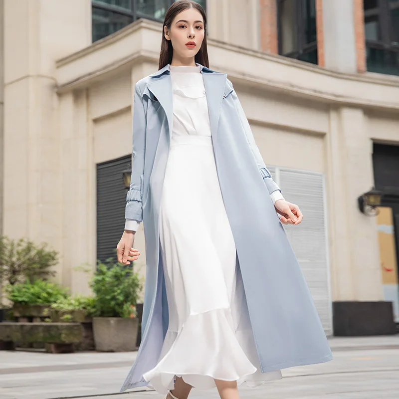 Весеннее модное офисное женское синее длинное пальто ветровка в британском