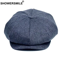 showersmile tweed plaid newsboy cap wool men hat british style gatsby flat cap woolen octagonal cap autumn winter male beret
