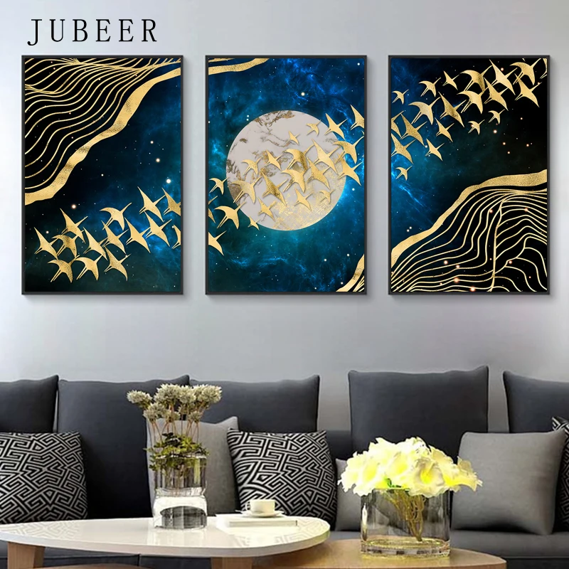 Скандинавский стиль золотая птица Абстрактная Картина на холсте Луна настенное