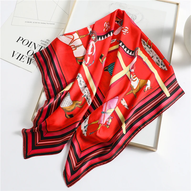 

Women Silk Square Scarf Luxury Horse Print Shawl Lady Wraps Neck Scarves Hijab Headband Spring Foulard Bandana 2021 New