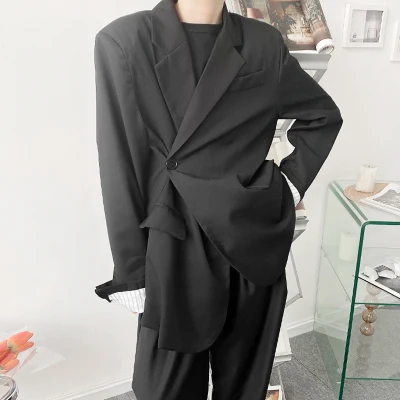 

Новый весенний свободный приталенный костюм в стиле пэчворк с рукавами, модный мужской красивый пиджак в Корейском стиле с пуговицами и обо...