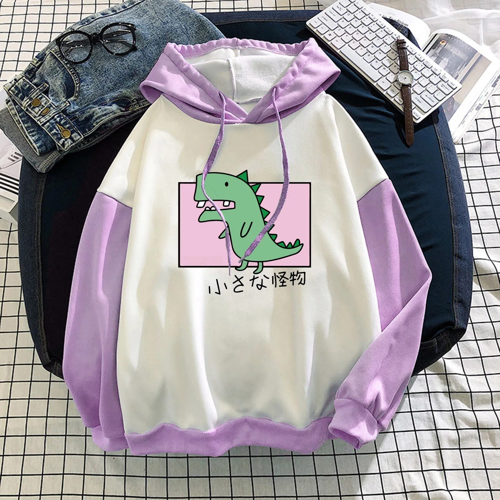 2021 NEW Hoodies Women's Fashion New Stitching Cute Dinosaur Print Long-Sleeve Hooded Sweatshirt Top sweatshirt женское платье