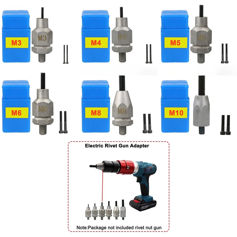 

Electric Rivet Nut Tool Adapter With 3pcs Pull Rod Riveter Head Parts M3-M10 Hand Tools Riveter Tool Mandrel