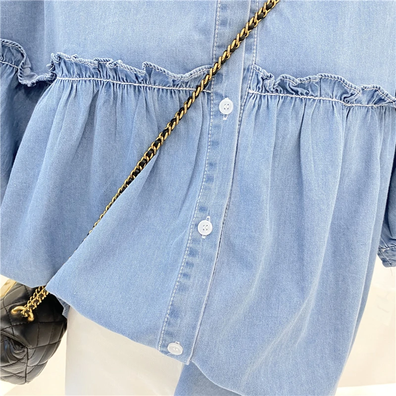 

2021 Summer Ladies New Korean Style Round Neck Denim Shirt Women's Fashion Ins Stitching Lace Solid Ruffules Button Up Blusas