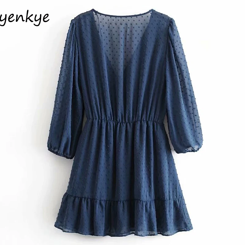 Винтажный Синий Швейцарский шифоновый комбинезон в горошек Женский Летний с