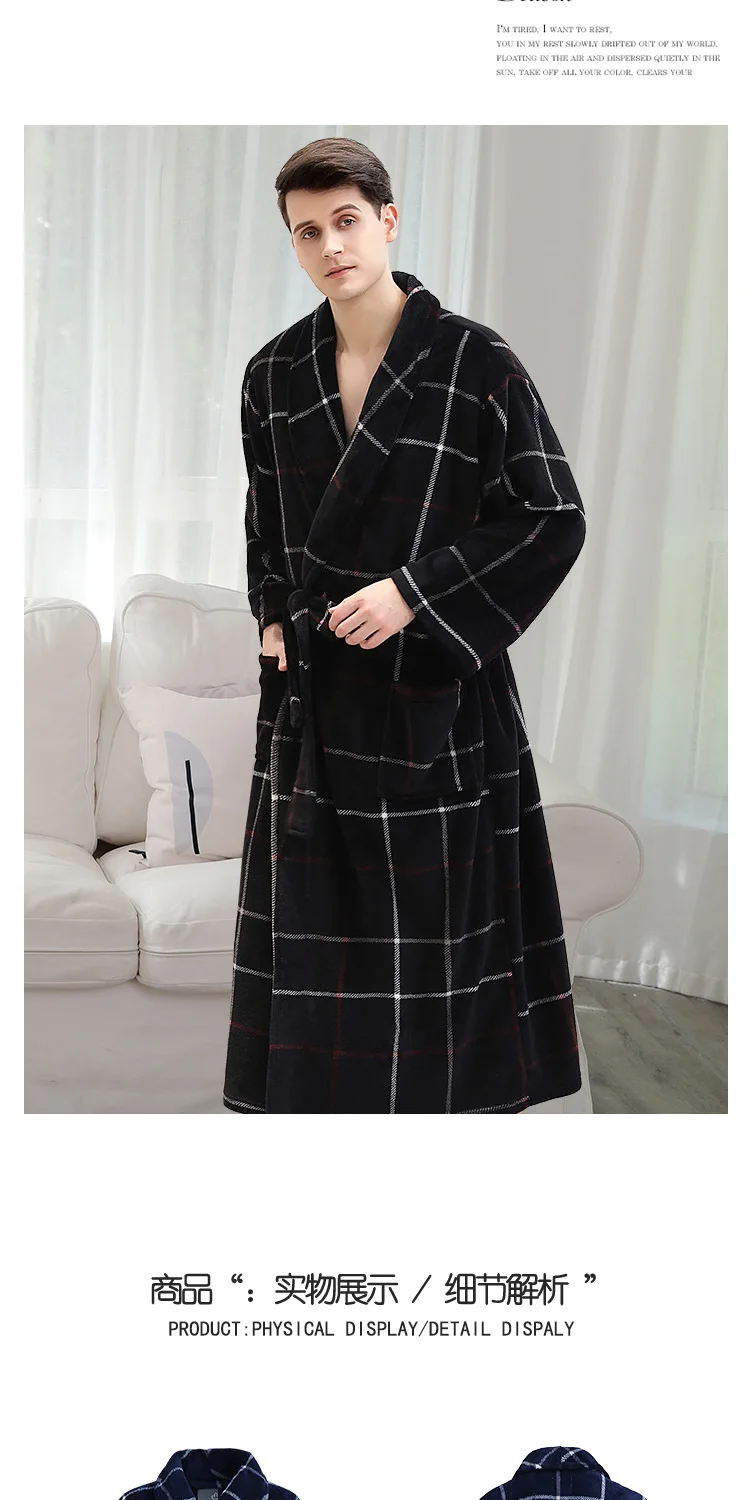 XXXL 130 кг плюс большой размер зимний мужской банный халат толстый теплый плед Фланель кимоно дом халат мужской роскошный спальный халат