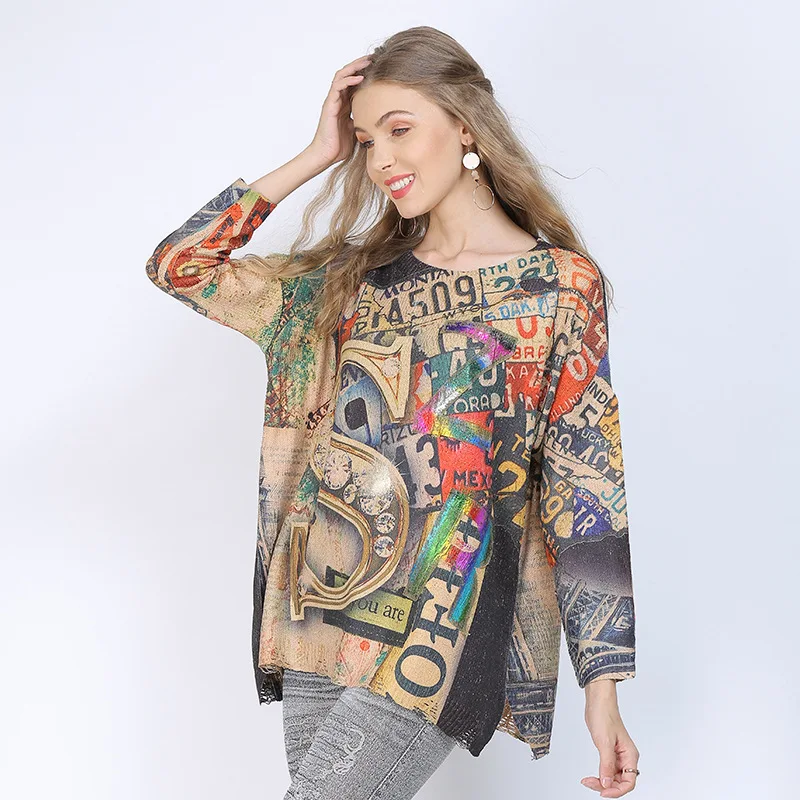 

Female Sweater Casual Long Sleeve Gold Stamp Pull Hiver 2021 Spring Winter Clothing Oversized Fashion Clothes for Women XC174