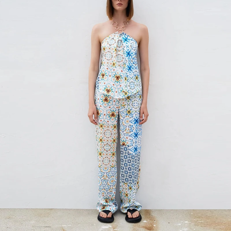 

Женский комплект из топа и брюк, летний комплект из двух предметов с топом на бретелях и брюками с высокой талией и цветочным принтом, 2021