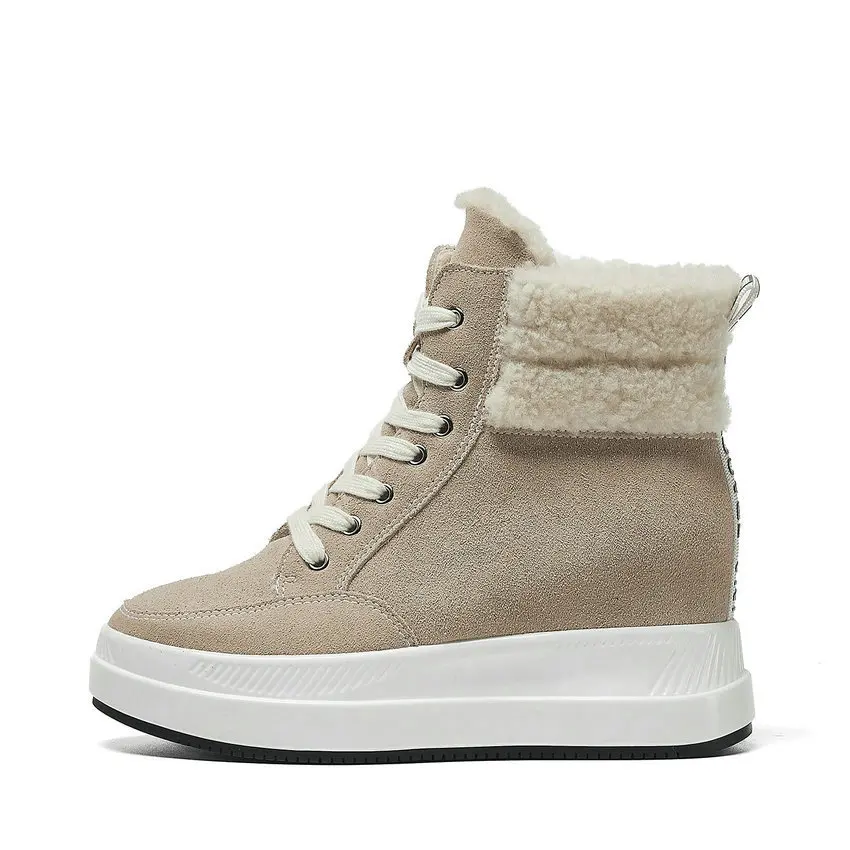 Женские ботинки на танкетке QUTAA зимние теплые меху со шнуровкой и закругленным