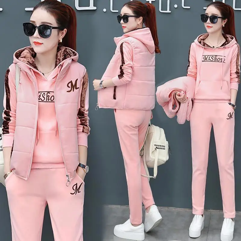 

Over Sized Thick Plus Velvet Sweater Three-Piece Winter Wear 2021 New Fashion High-Quality Warm Stitching Casual Hooded Suit