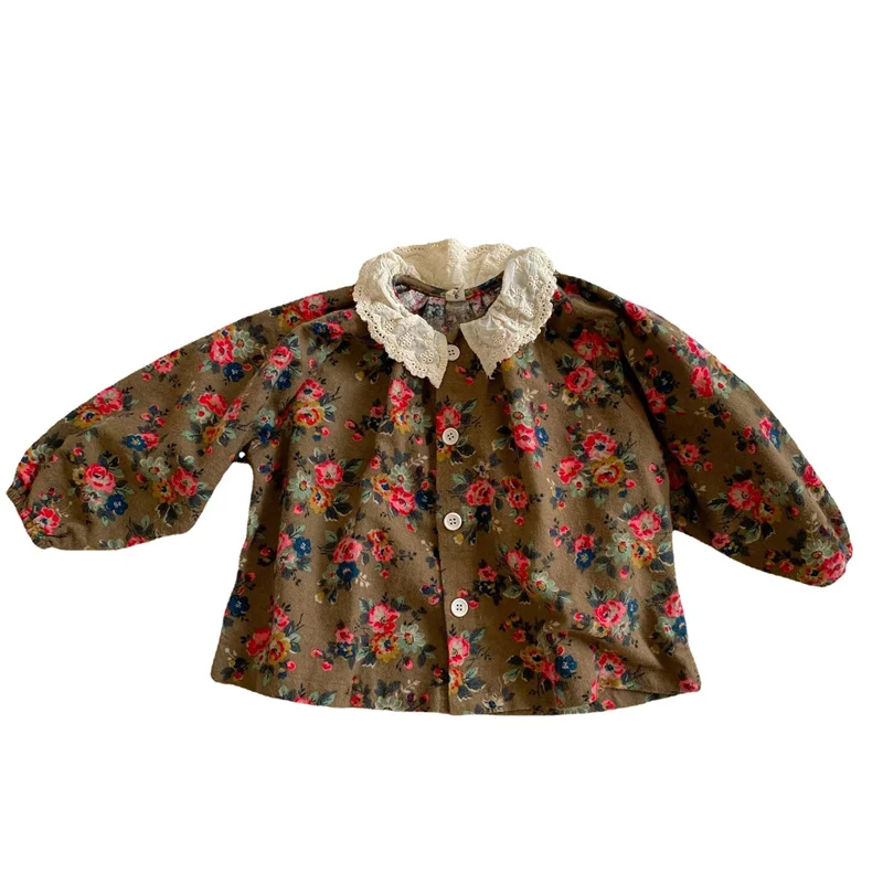 

Autumn cute retro floral loose long sleeve shirts for girls 2021 new fashion embroidery collar 2 colors Tops children