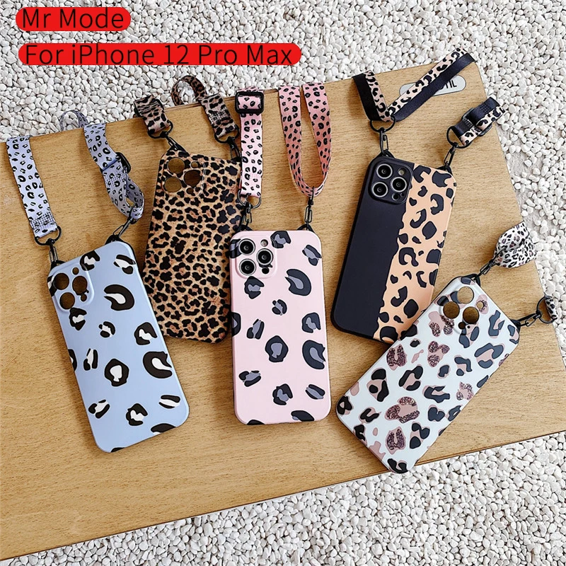 

Fashion Cartoons Long Lanyard Leopard Soft Shell Protective Cover Phone Case For iPhone 12 11 Pro Max XSMAX XR XS X SE2 8 7 Plus