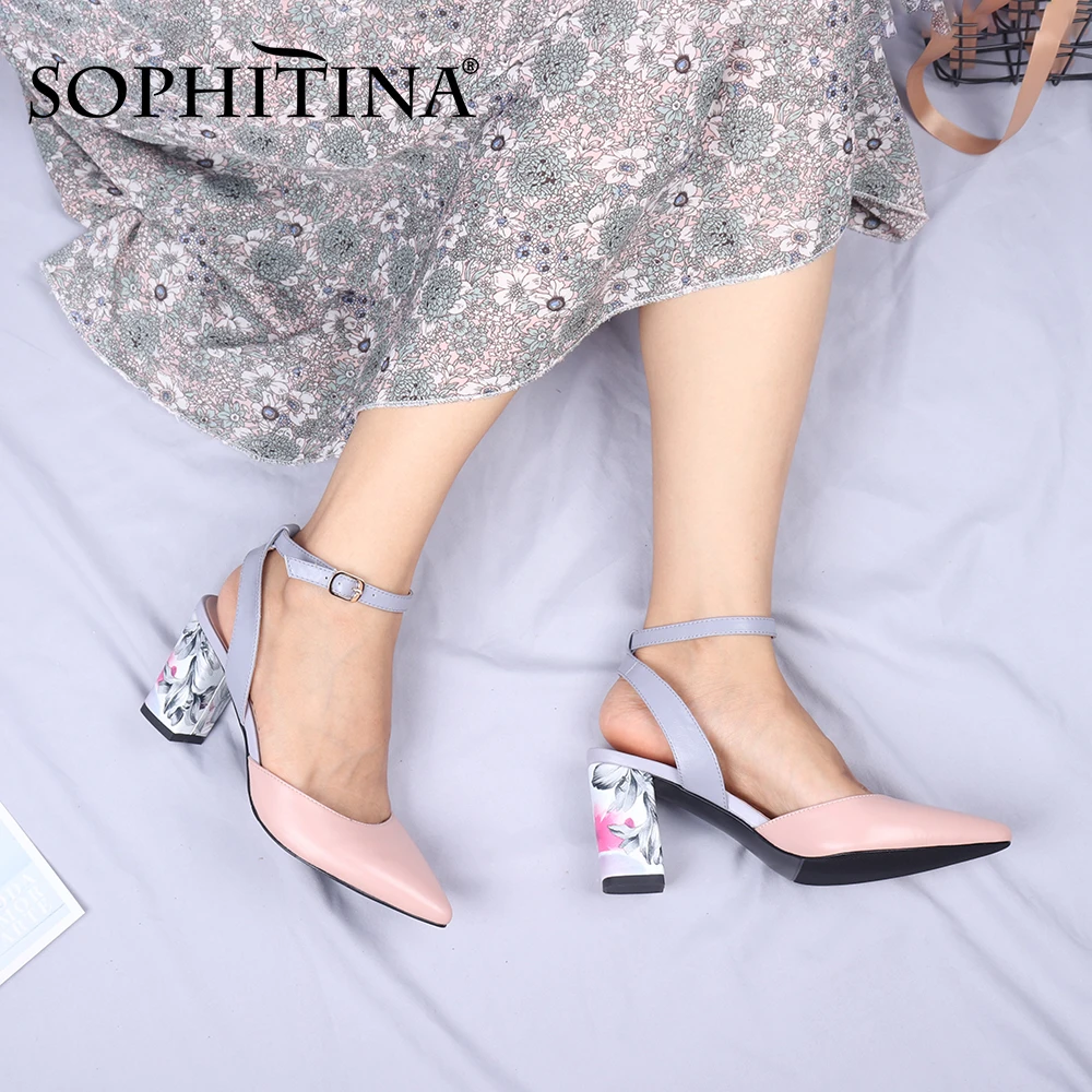 Женские туфли-лодочки SOPHITINA, овечья кожа, квадратный каблук, с пряжкой, с цветочным принтом, C645 | Обувь | АлиЭкспресс