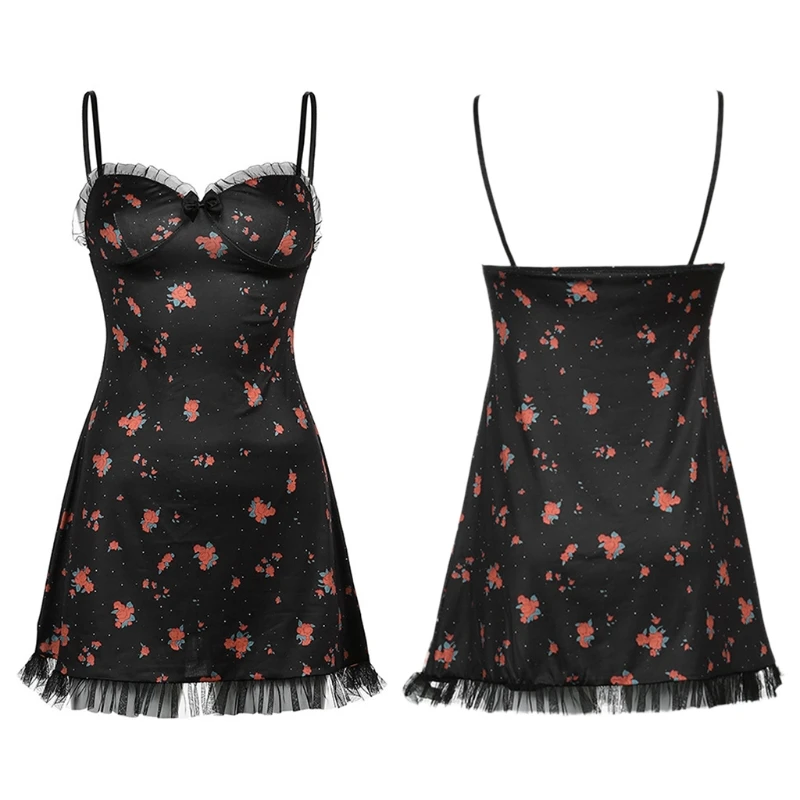 

Women Sexy Spaghetti Strap V-Neck Backless Mini Dress Vintage Floral Print Ruffles Mesh Trim Patchwork A-Line High Waist Dresses