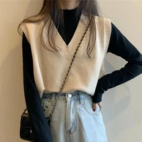 sweater vest women solid knitted v neck sweaters vests womens fashion casual retro korean style sleeveless outwear simple chic