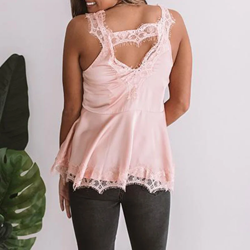 Летний сексуальный розовый кружевной топ без рукавов на бретельках с v-образным