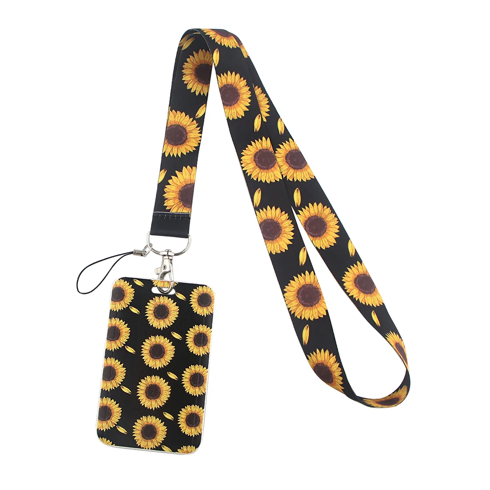 LT370 Black Sunflower Print Keychain Ribbon Lanyards for Keys ID Card Phone Straps Hanging Rope Lariat Students Badge Holder | Украшения и