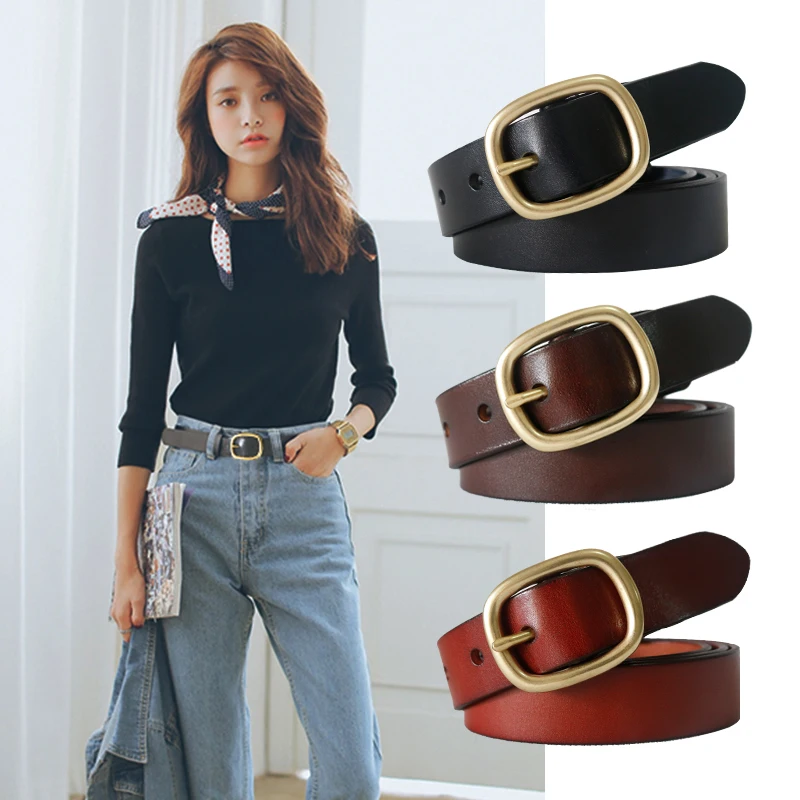 New Women‘s Belt Genuine Leather Belts For Women Female Gold Pin Buckle Strap Fancy Vintage for Jeans