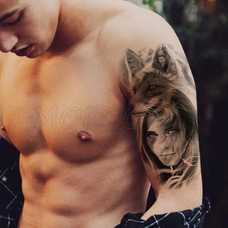 Временные тату наклейки черная голова лисы девушка Рид поддельные татуировки