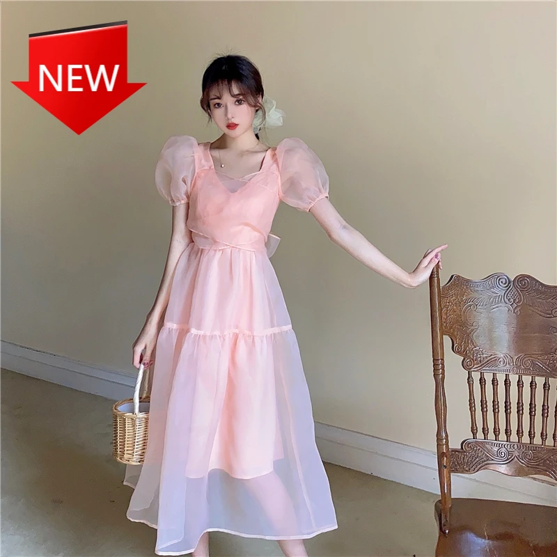 

Женское Сетчатое платье из органзы, розовое платье с бантом на спине и коротким рукавом, приталенное свободное платье с V-образным вырезом