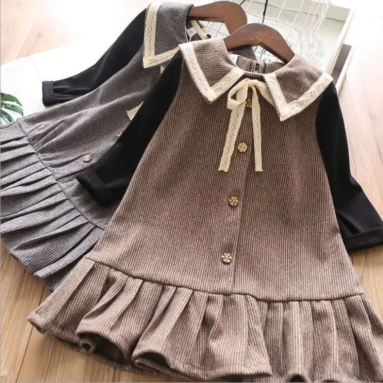 Детские платья для девочек осень 2019 клетчатые кружевные с отложным воротником