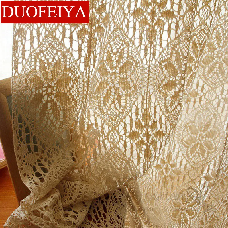 

American Retro Cotton Thread Crochet Hollow Tulle Curtain Crochet Flower Sheer Curtain for Living Room Bedroom Window