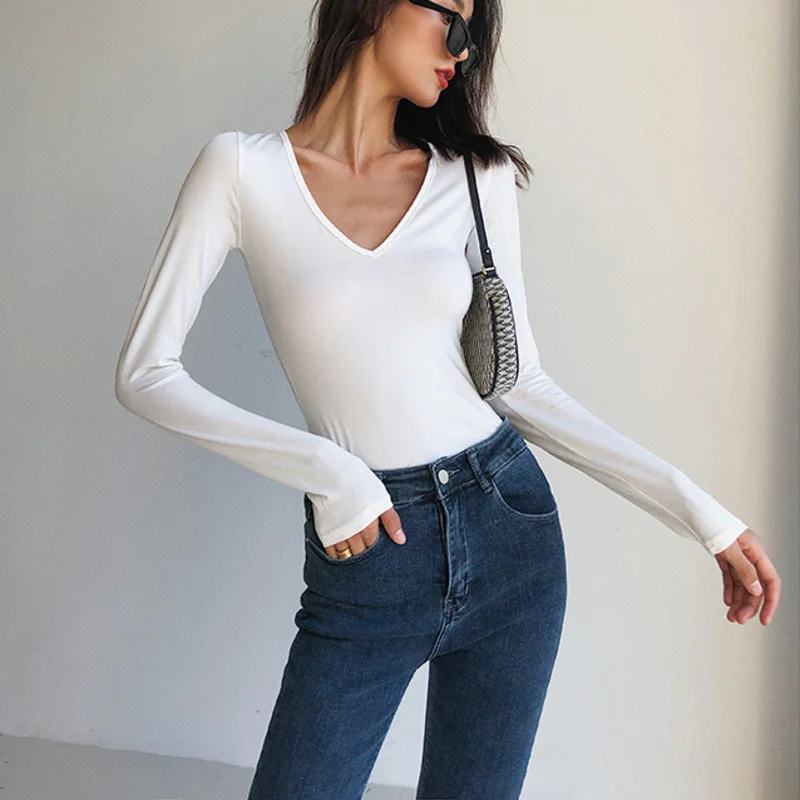 

Женская Базовая Однотонная рубашка с V-образным вырезом и длинным рукавом