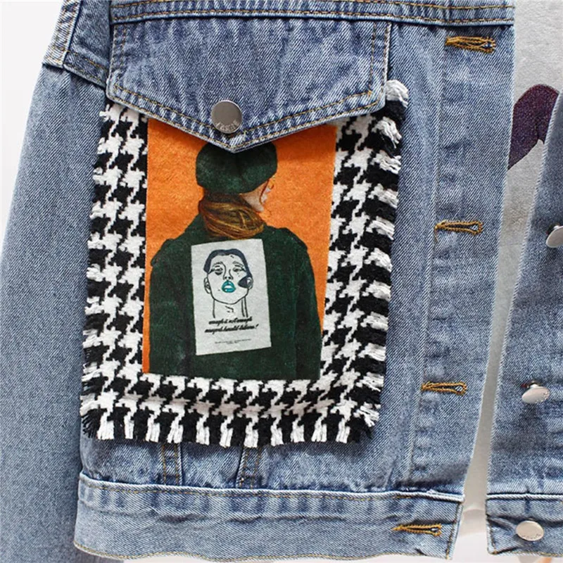 

Harajuku Denim Jacket Women Short Coat Spliced Print Long sleeve Jeans Jacket Female Loose Fashion Washed Jeans Coat 2020 Spring