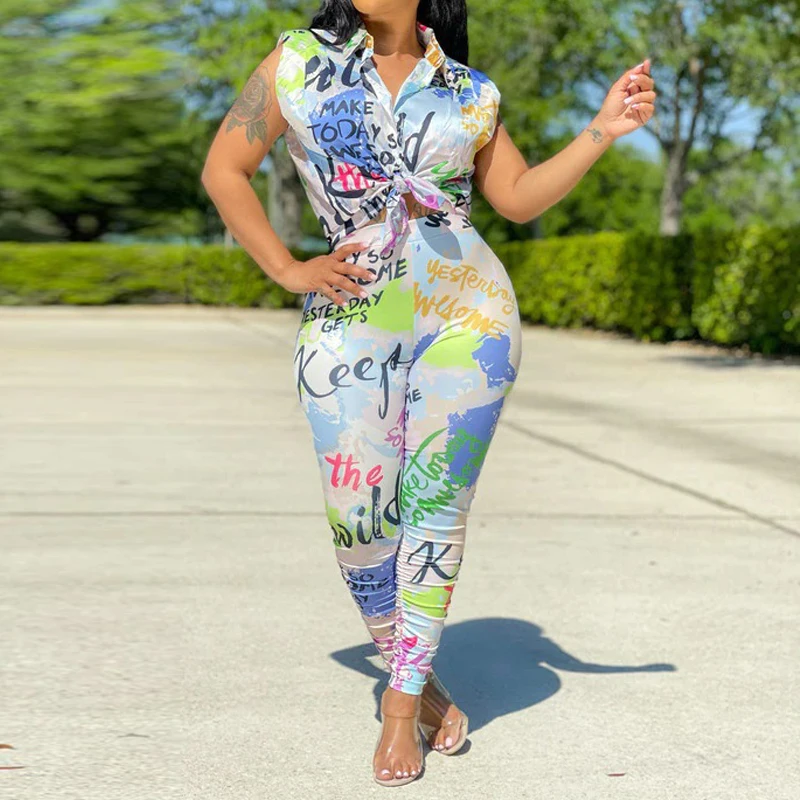 

Two Piece Summer Vintage Printed Suits Sleeveless Top & Slim Pants Set