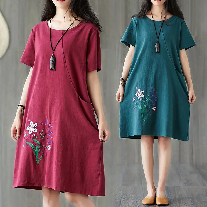 

Women's Summer Cotton Linen Loose Plus-sized Embroidered Dress Mid-Length Skirt Woman Dress Vestido De Mujer Femme Robe